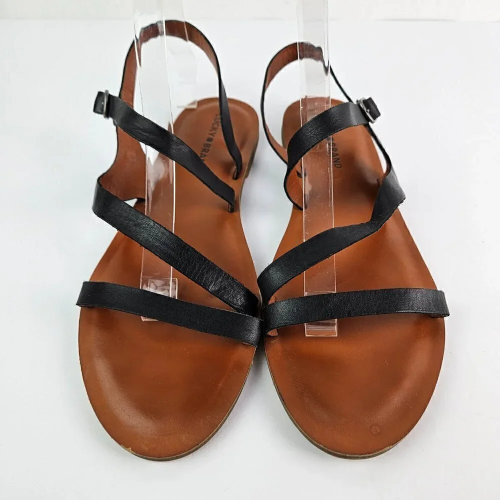 Lucky Brand Alexcia Black Leather Strappy Flat Sandal 11